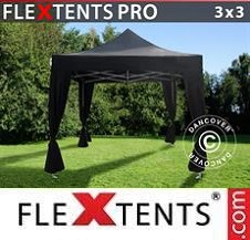 Carpa plegable FleXtents Pro 3x3m Negro, incl. 4 cortinas decorativas